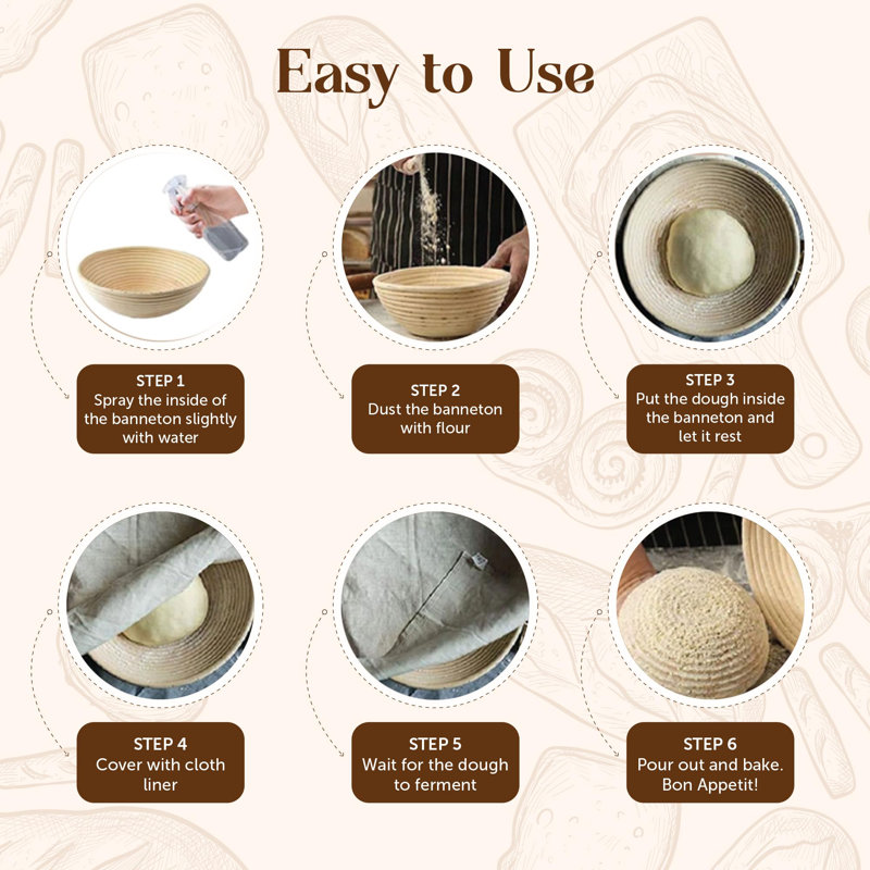 Bread Proofing Baskets For Sourdough Bread Baking - Set Of 2 9" Round Banneton Baskets With Liners, Made Of Finest Indonesian Rattan - Bake Perfect Artisan Bread Loaves At Home Like A Pro