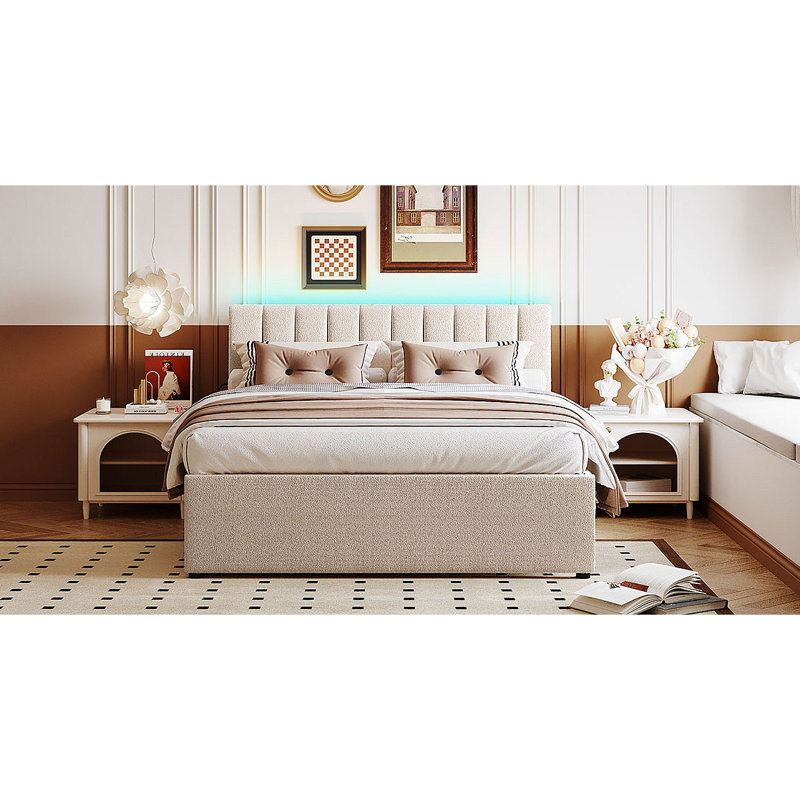 Lit plateforme tapissier Teddy, Beige, Lit double