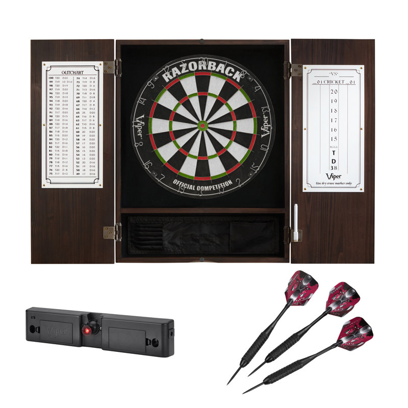 Viper Metropolitan Sisal Fiber Bristle Dartboard and Cabinet Bundle: Elite Set with Razorback Dartboard, Darts and Throw Line Light, Espresso Finish
