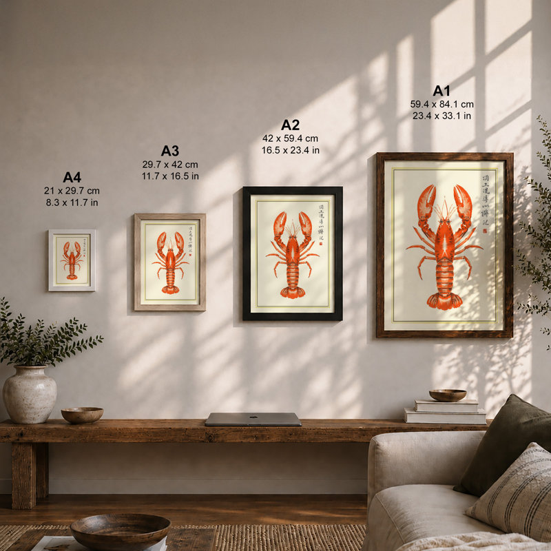 Lobster Study Japandi - Framed Print, Black, A3 - 42.0 x 29.7 cm