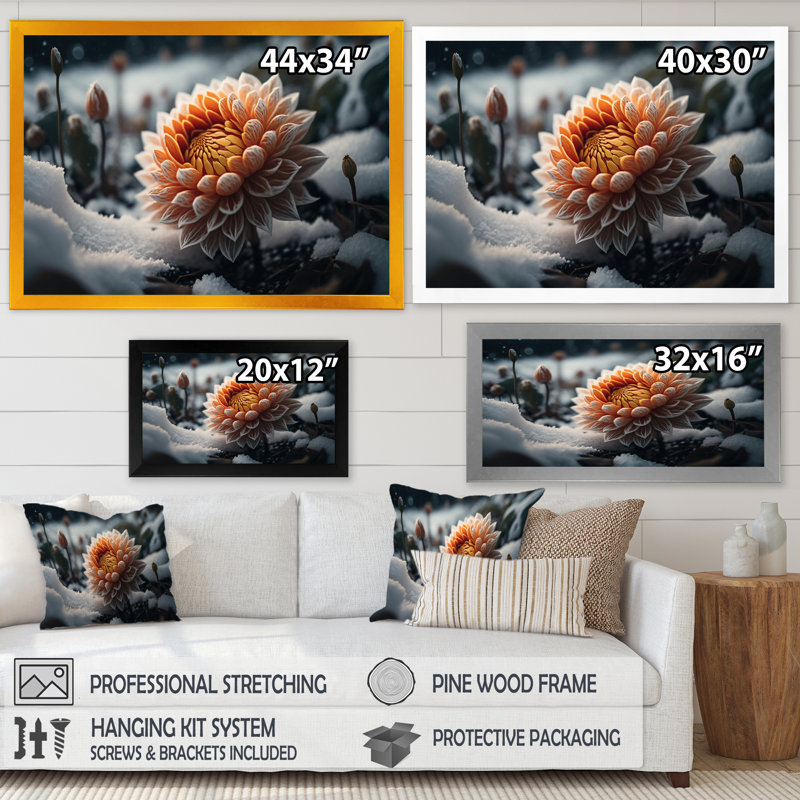Une fleur de dahlia orange en fleurs III - Impression sur toile, Impression dorée sur toile encadrée