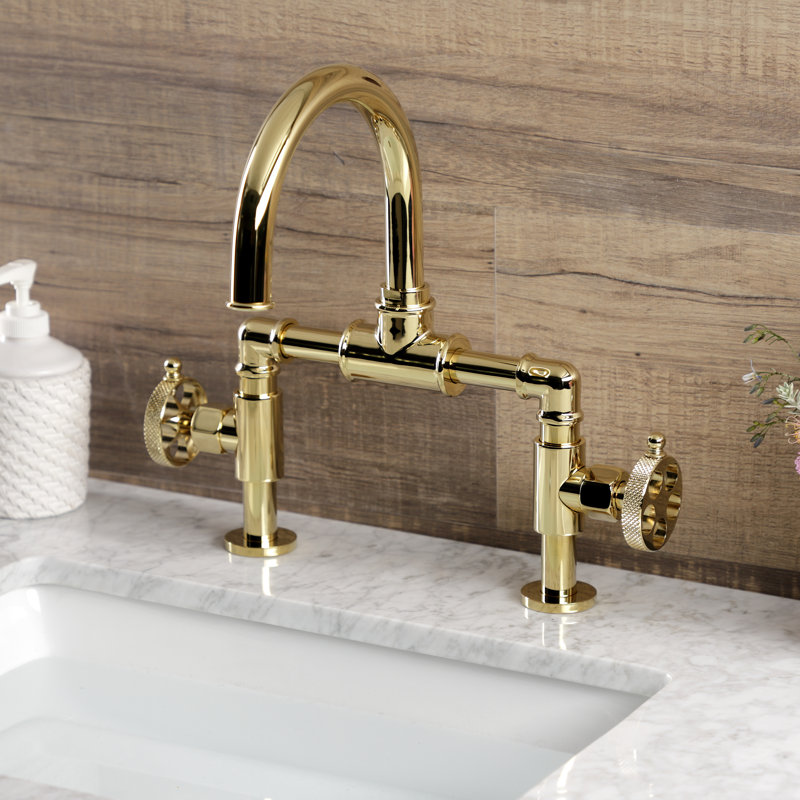 Kingston Brass Webb Two-Handle 2-Hole Deck Mount Bridge Bathroom Faucet with Knurled Handle and Push Pop-Up Drain