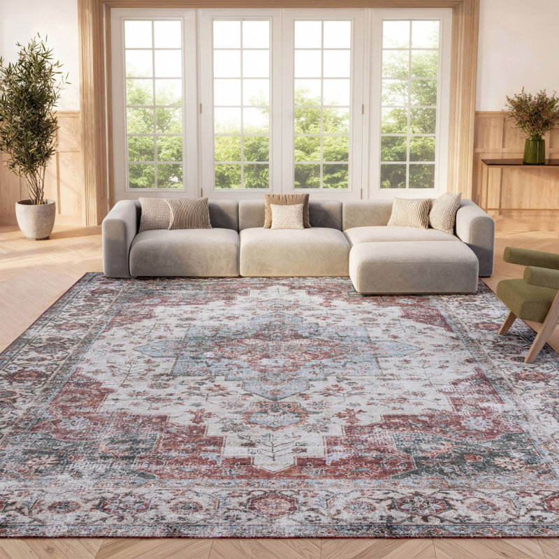 Tapis oriental en polyester tissé à la machine beige-vert / rouille, Rectangle 2 pi 6 po x 4 pi