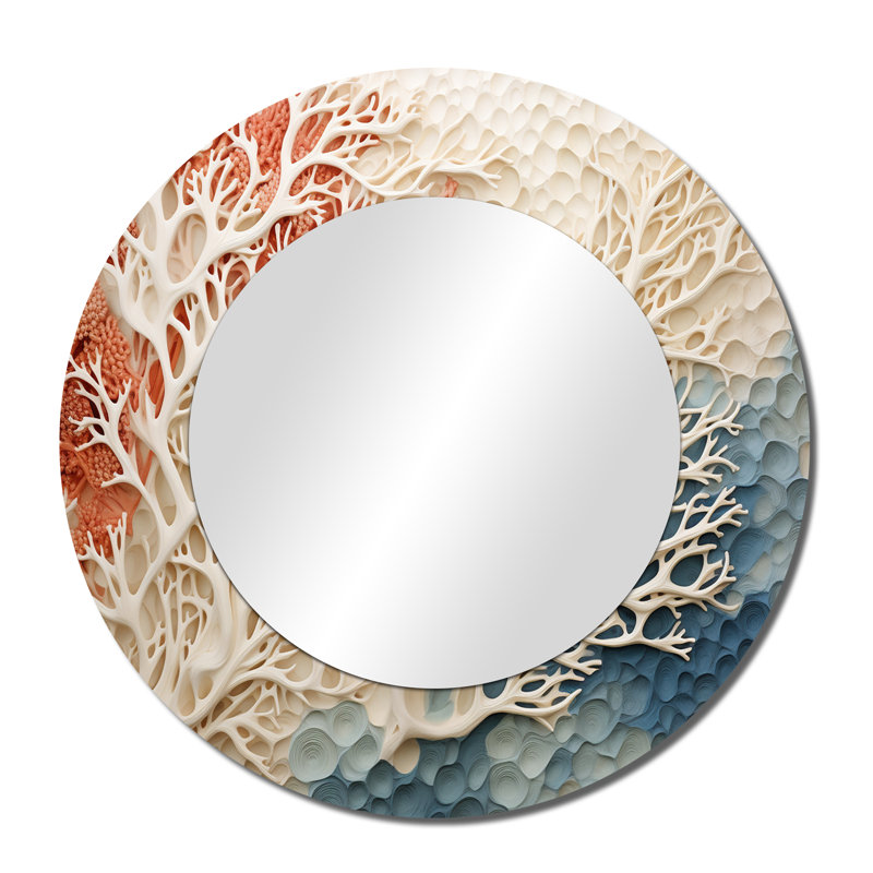 Rose et blanc Coastal Coral Collage I - grand miroir mural corail, miroir décoratif rond côtier, impression d'art en métal