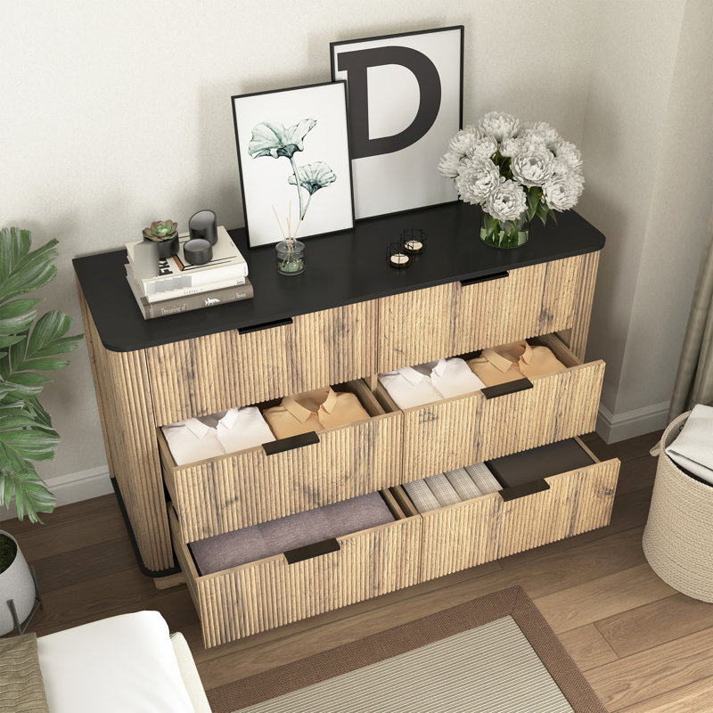 Armoire de rangement multifonctionnelle à six tiroirs avec présentoir de table et glissières lisses, 47,2 * 15,7 * 29,6 pouces, coins arrondis, pour l'organisation du salon de la chambre à coucher, matériau minimaliste