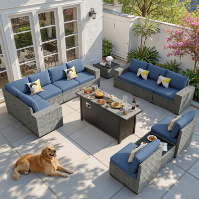 Ensemble modulaire d'extérieur en osier 13 pièces Sei avec accoudoirs ultra-larges, ensemble de conversation pour patio avec coussins et foyer