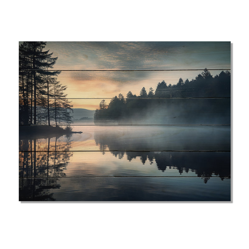 «Morning Mist Sunrise By The Lakeside», impression de paysage de lac sur bois, H 30 po x l 40 po x P 0,78 po
