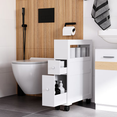 Narrow Bathroom Storage Unit In White With Frame And Drawers Cabinet Rolling Wheels For Mobility