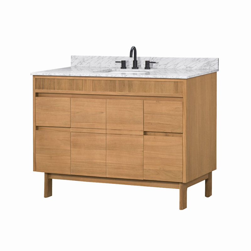 Passe-partout de 49 po Kayla Meuble-lavabo simple en teck naturel avec plateau en marbre blanc de Carrare