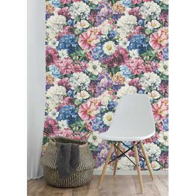 Vibrant Floral Garden Wallpaper Colorful Hydrangeas Peonies and Daisies Peel and Stick Mural