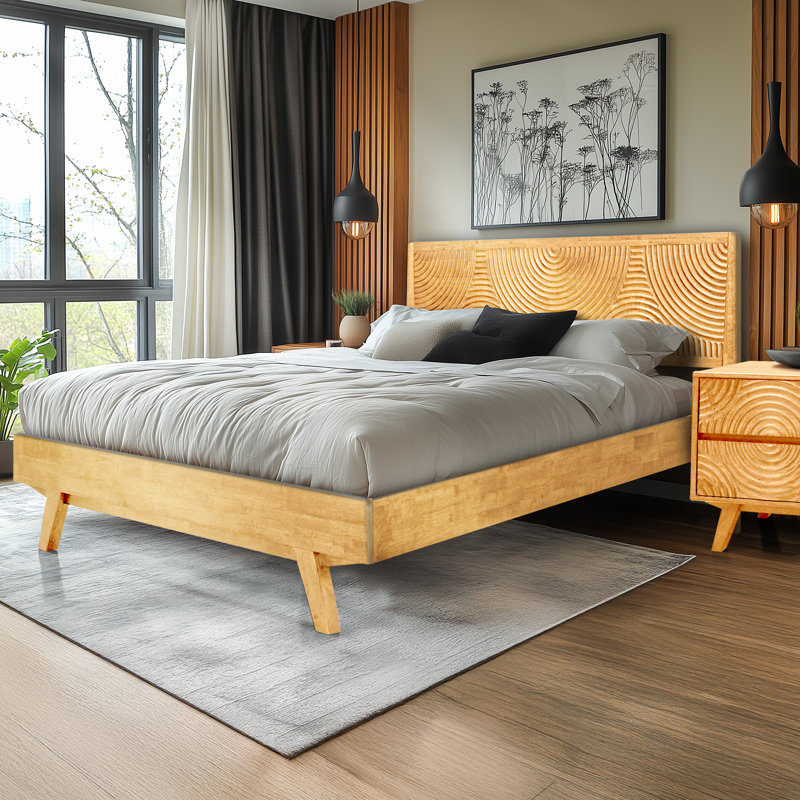 Harmony Solid Wood Bed Frame Platform Style with Sculpted Headboard, Mid-Century Modern, No Box Spring Needed, Smart Tools Assembly, 800 lbs Capacity