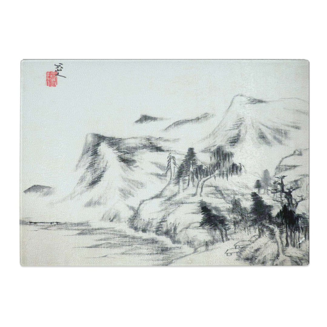 Tempered Glass Mountain and Trees by Bada Shanren Chopping Board