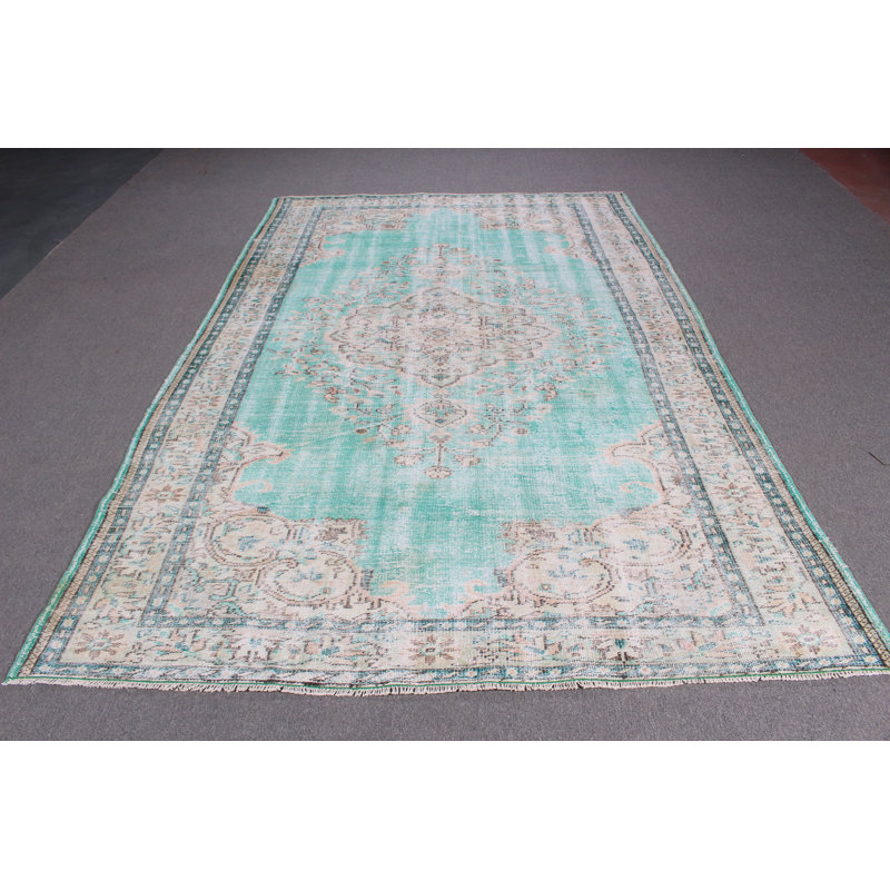 Grand tapis turc vintage en laine Oushak beige délavé, parfait pour la salle à manger
