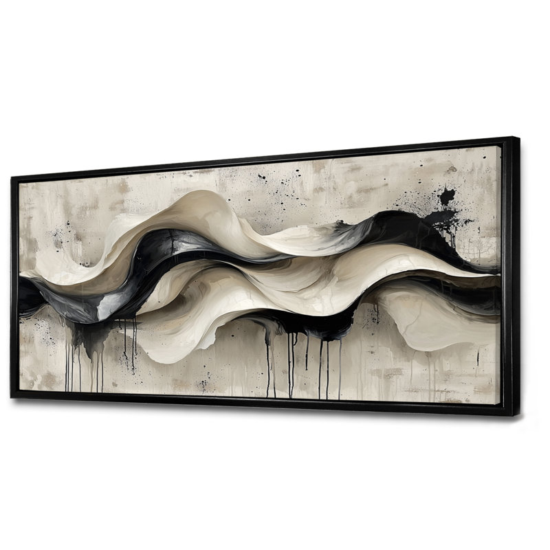 Art mural mural "Vagues modernes abstraites", Noir, H 28 po x l 60 po, Cadre flottant
