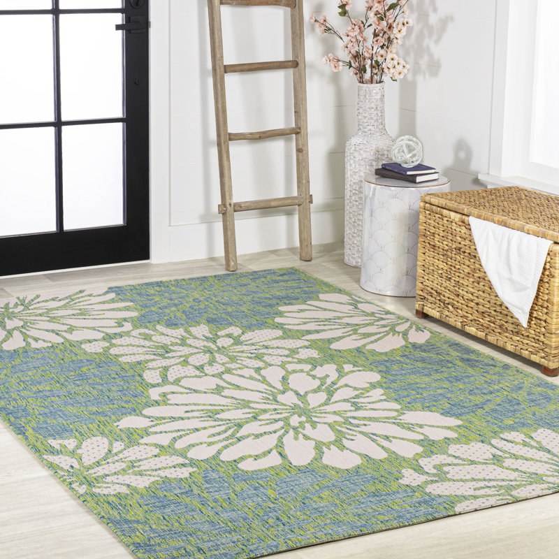 Zinnia Modern Floral Textured Weave Cream/Green Indoor/Outdoor Rug, Rectangle 3'11" x 6'