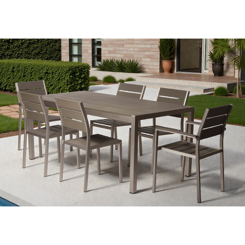 Aynura 6-Person Aluminum Outdoor Dining Set with Rectangular Table – Modern Patio Furniture with Rust-Free Frame, Poly-Resin Slats, Stacking Chairs & Umbrella Hole in Grey
