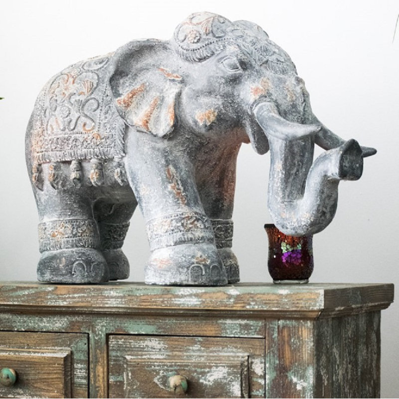Aliyyah Elephant Concrete Garden Statue, 15.5" H x 25.5" W x 10.5" D, Original Gray