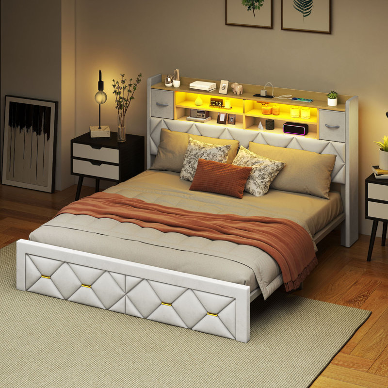Lit plateforme en velours avec 2 tiroirs de rangement et tête de lit Balconera, Très grand