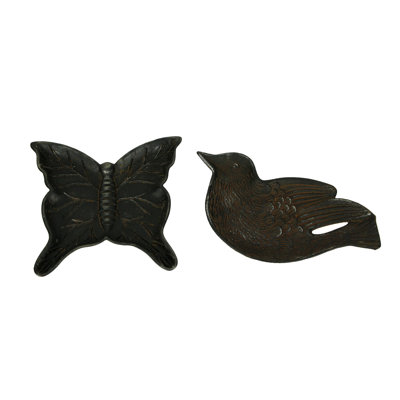 Vintage bird and butterfly cast iron decorative tray set in weathered black, 9.75 inches wide