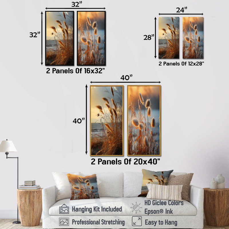 «Beachgrass Sunset Nature Herbs - Herbs», ensemble de 2 reproductions d'art mural, Encadrement doré, H 40 po x l 41 po