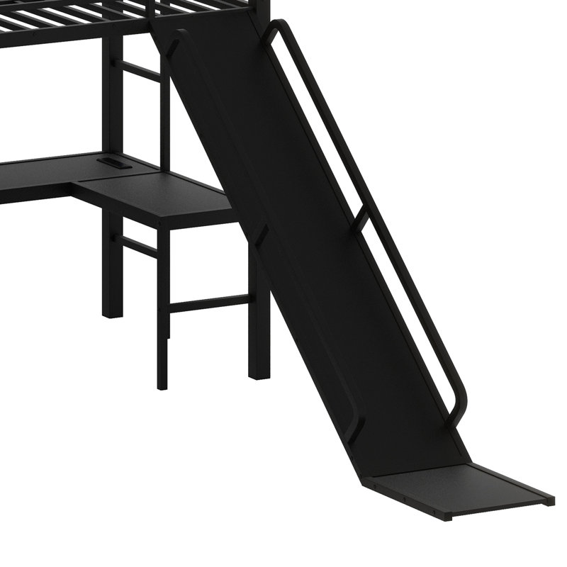 L-Shaped Bunk Bed With Loft Bed, Metal Triple Bunk Bed With Slide And USB Ports, Twin XL Over Queen