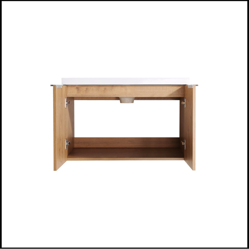 Meuble-lavabo 72 po à fermeture en douceur avec lavabo et petites tablettes de rangement, Imitation chêne