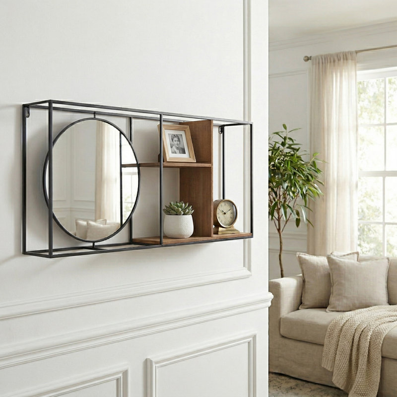 Elegant Rectangular Wood Metal Wall Storage Shelf with Round Mirror Accent for Home Decor - Wall Organizer Shelf for Living Room Styling - Brown & Black
