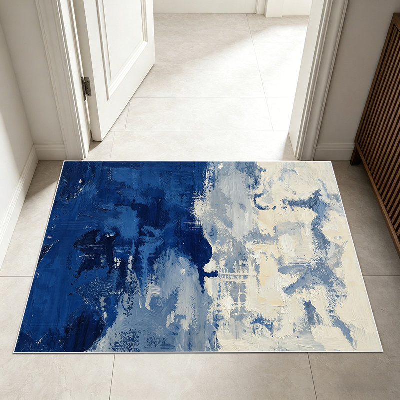 1PC Abstract Navy Blue Beige Brush Stroke Oil Painting area rugs for Living Room, Soft and Comfortable, Suitable for all seasons, easy-to-maintain, machine washable Indoor floor mat, Under Table Farmhouse suitable for living room, dining area,...