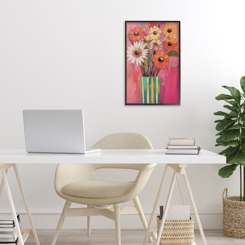 Vase rayé à fleurs mélangées, estampe numérique, design par Gina Kelly, H 18 po x l 12 po, Giclée encadrée noir minuit