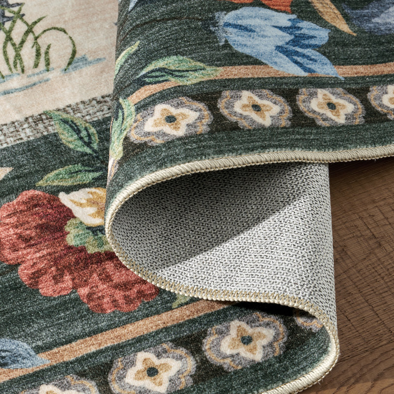 Tapis lavable antidérapant à motifs animaux et végétaux, Beige, Rectangle 5 pi x 7 pi