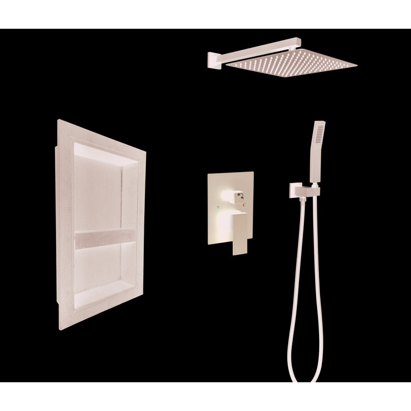 Matte Black Shower System With Superior Materials: Head, Hand Shower, Hose, Valve Trim, Lever Handles, Niche - Construction System: Resistance To Rust, Corrosion And Clogging