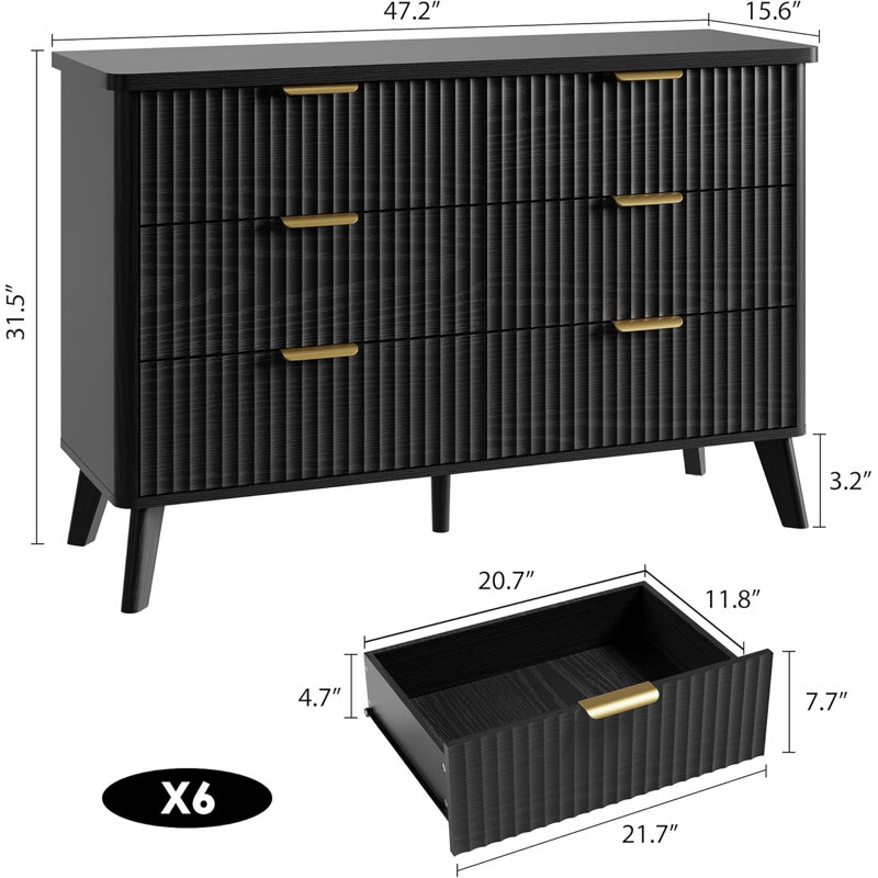 Fluted Dresser with 6 Deep Drawers, 47.2" Tall Chest of Drawers with Faux Marble Top, Black