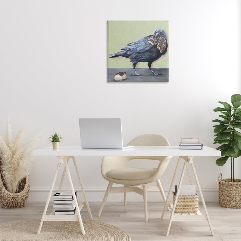 «Crow Eating Donut», art mural sur toile par Kamdon Kreations, H 17 po x l 17 po x P 1,5 po