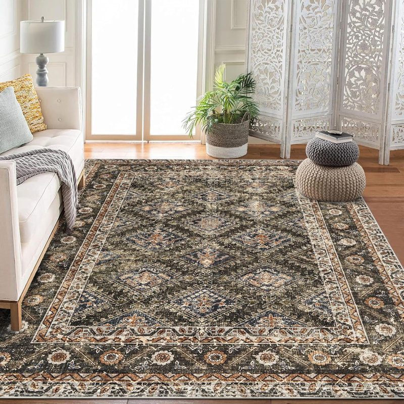 Area RugsWashable Rugs for Living RoomVintage Boho for OfficeDining RoomKids Room and FarmhouseDurable Low Pile Non-Slip Area Rug 