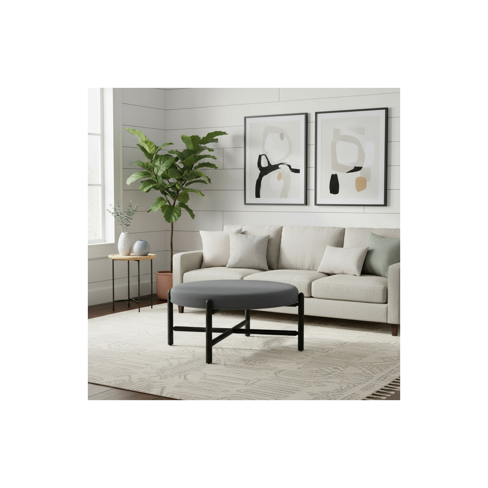 Vane 36" Round Ottoman, Charcoal, Black