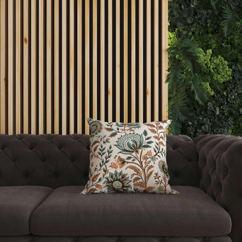 Orange and Teal Floral Faux Suede Square Throw Pillow