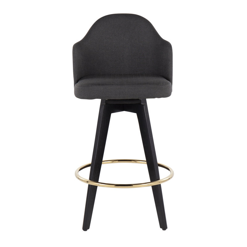 Tabouret de comptoir Gracen de 26 po à hauteur fixe avec pieds en bois noir et repose-pieds rond en métal doré avec assise en tissu gris anthracite et dossier en bambou naturel par Corrigan Studio® - ensemble de 2