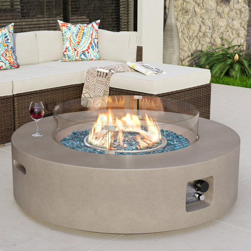 Outdoor Concrete Propane Fire Pit Table, Brown/Blue Fire Glass