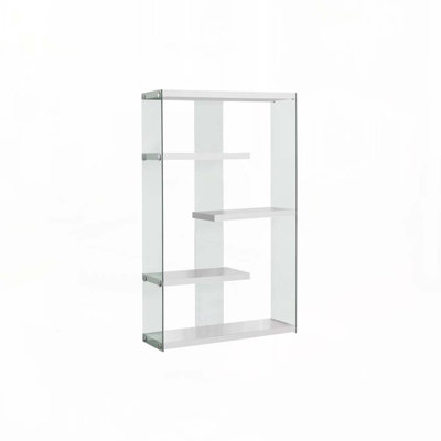 Bookshelf, Bookcase, Etagere, 5 Tier, 60"h, Office, Bedroom, Glossy White Laminate, Clear Tempered Glass, Contemporary, Modern