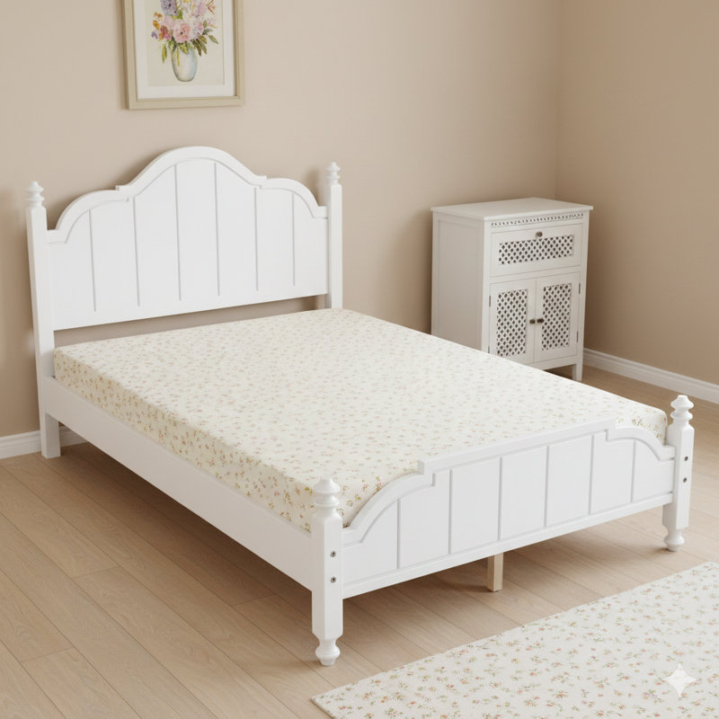 Cadre de lit double blanc avec tête de lit, conception en bois rétro avec support à lattes, style plateforme, aucun sommier requis, assemblage facile