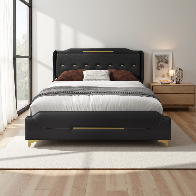 Leather Bed Frame With Wingback Headboard & Footboard,Solid Wooden Slats Support, Black, Queen