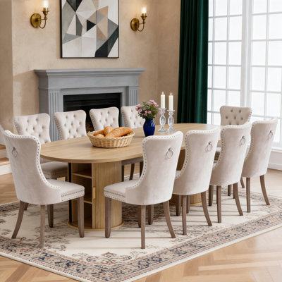 11-Piece Oval Extendable Dining Table Set for 10 with Storage Base, 63"-94.5" Farmhouse Brown Kitchen Table Velvet Chairs Set of 10