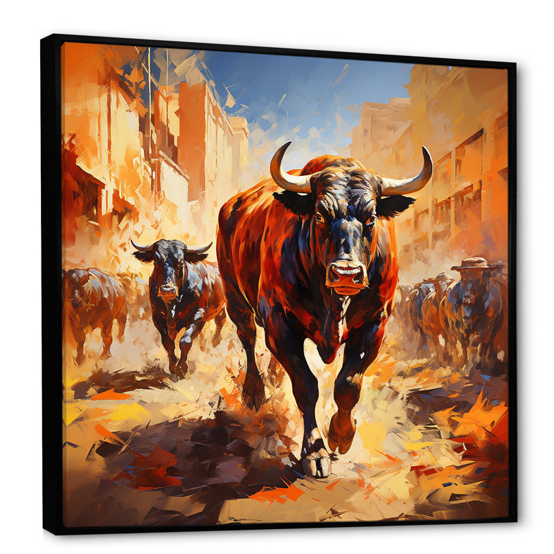 «Brown Rodeo Buffalo In Espagne», art mural animaux, Cadre flottant noir, H 16 po x l 16 po x P 1 po