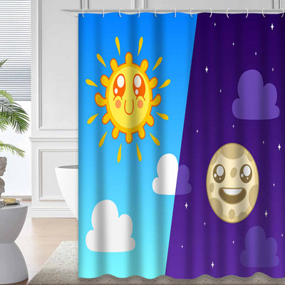 Sun Moon Kawaii Cartoon Sunrise Sunset Shower Curtain with 12 Hooks