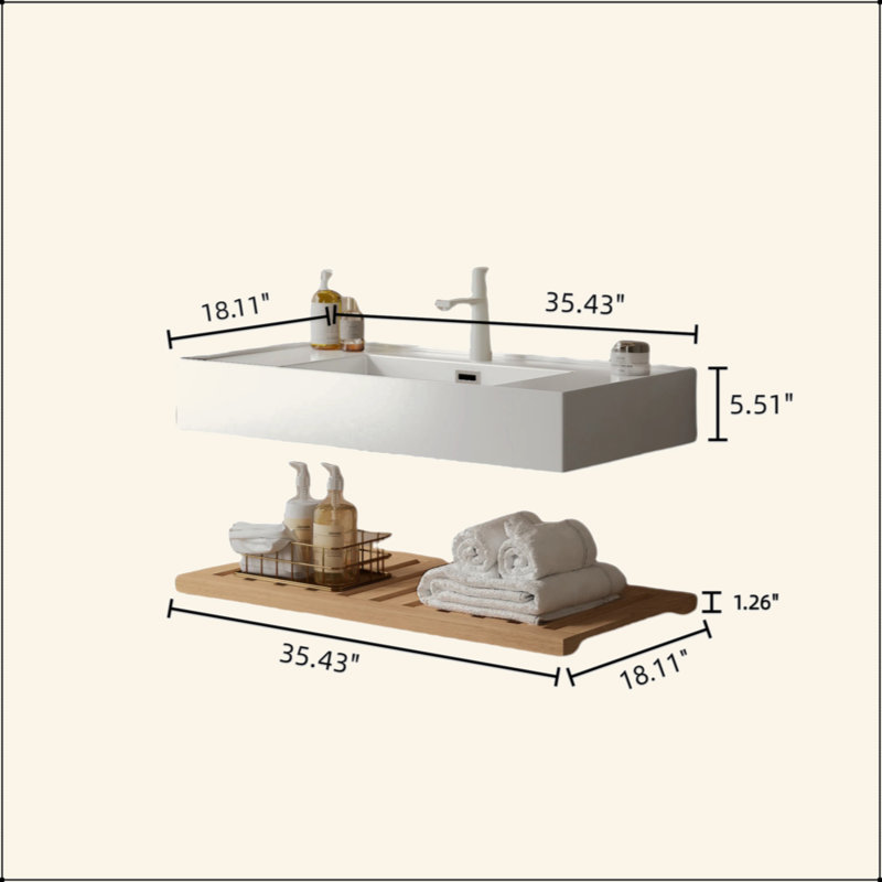 Meuble-lavabo de 36 po avec lavabo vasque, lavabo intégré mural flottant rectangulaire en acrylique blanc sans robinet, étagère rayée