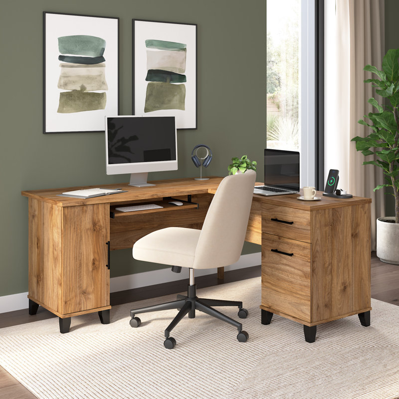 Bureau en L Paelynn de 60 po avec rangement et tiroirs, bureau d'ordinateur de coin, bois moderne, noyer frais, Noyer frais