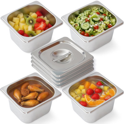 Paquet de 4 casseroles de 4 po de profondeur de 1/6 po avec couvercles en acier inoxydable pour table de cuisson de qualité commerciale pour restaurant, buffet et traiteur (4 pièces)