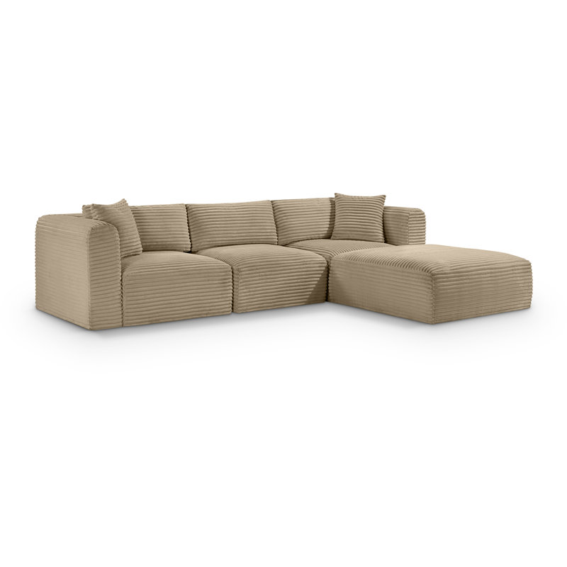 Canapé modulaire en L Carmean Performance, Velours côtelé texturé taupe, 1 sans accoudoirs, 2 en coin, 1 repose-pieds