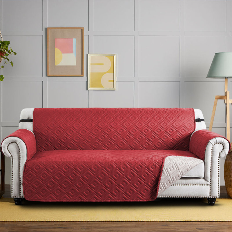Microfiber / Microsuede Box Cushion Sofa Slipcover, Burgundy/Beige, 179cm H x 280cm W