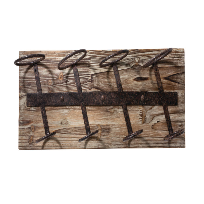 Rustic Natural Wood and Metal Wall Mounted Wine Rack